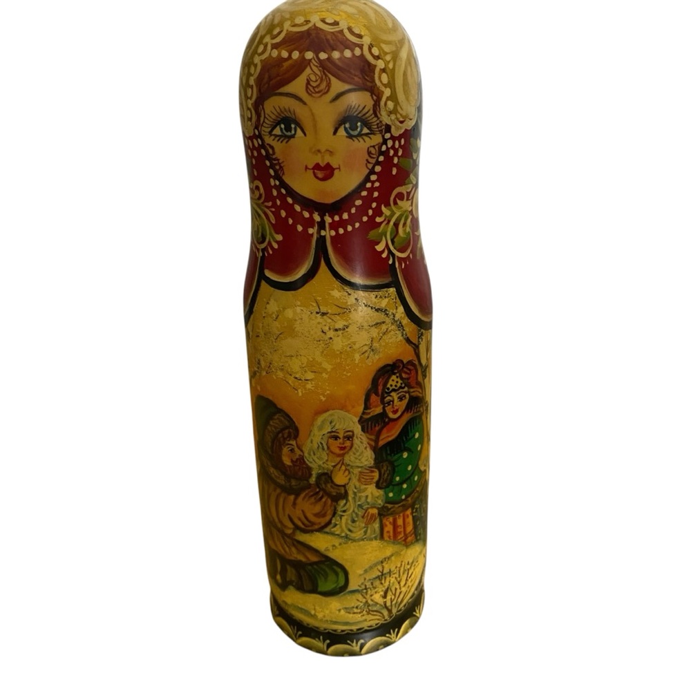 Beautifully Hand painted Vtg RUSSIAN Fairy Tale Nesting Doll Bottle Holder 9.5"